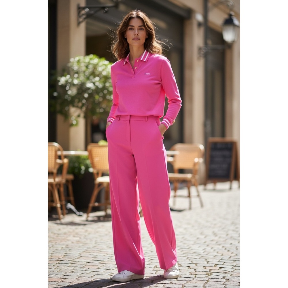 Lauren Ralph Lauren Pink 100% Silk Pants& Striped Polo Sweater Set Petite 2P HTF